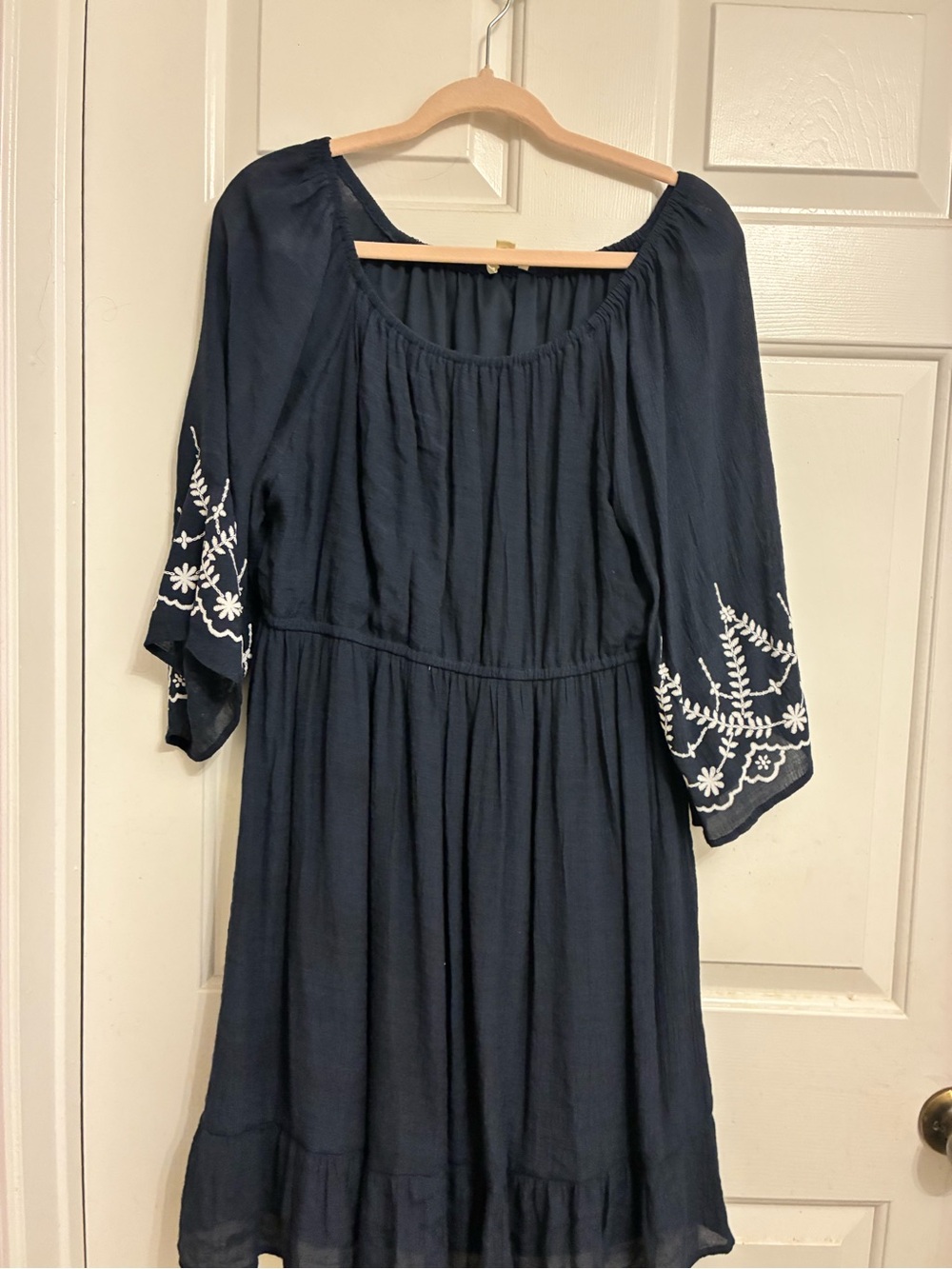 Navy Embroidered Peasant Dress - Unbranded